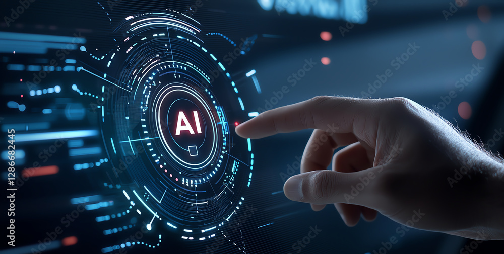 Aufkleber hand touching virtual ai interface with digital elements and glowing effects, symbolizing technology