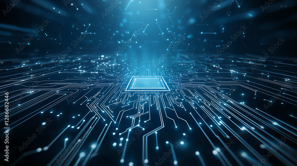 Poster futuristic circuit board with glowing lines and central processor, creating sense of depth and techn
