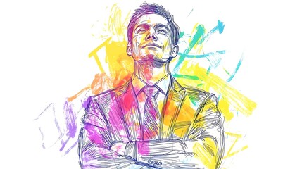 Obraz premium Abstract line drawing, businessman with colour fills, leadership seminar