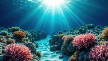 Fototapeta premium Underwater view of coral reef pathway with bleached and colorful corals under sunlit ocean water 