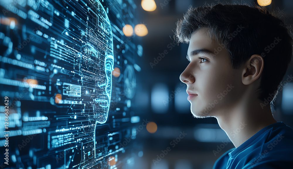 Poster young man is engaged in conversation with ai robot, showcasing futuristic interaction. scene highlig