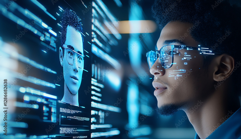Poster young man interacts with digital ai hologram, showcasing advanced technology and innovation. scene r