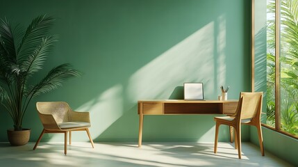 Fototapeta premium Modern workspace with green wall and sunlight.