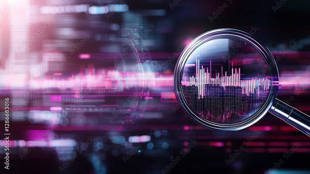 Poster magnifying glass focuses on digital data visualization, showcasing vibrant graphs and statistics. ba