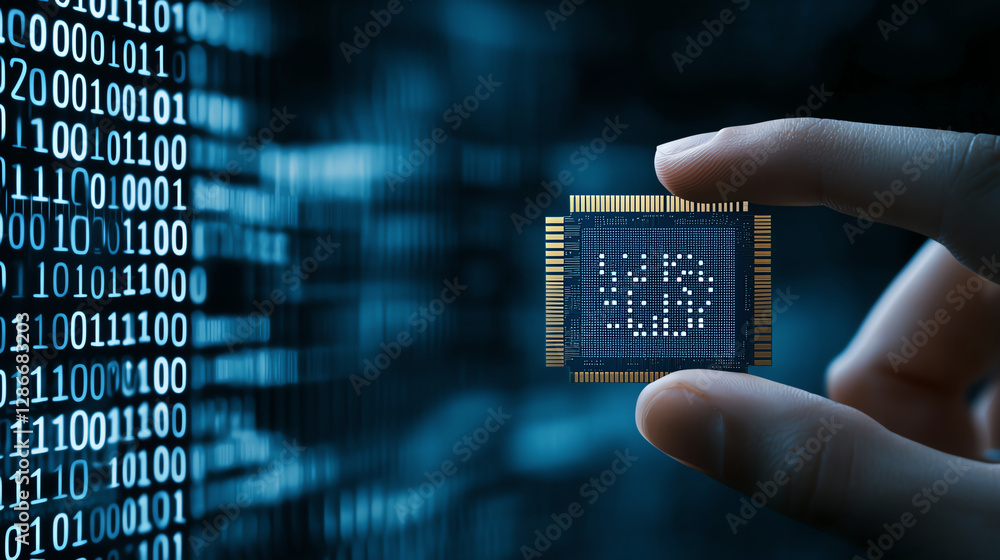 Poster hand holding microchip against backdrop of binary code, symbolizing technology and innovation. image