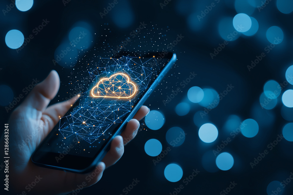 Poster hand holding smartphone displays glowing cloud symbol, representing digital connectivity and technol