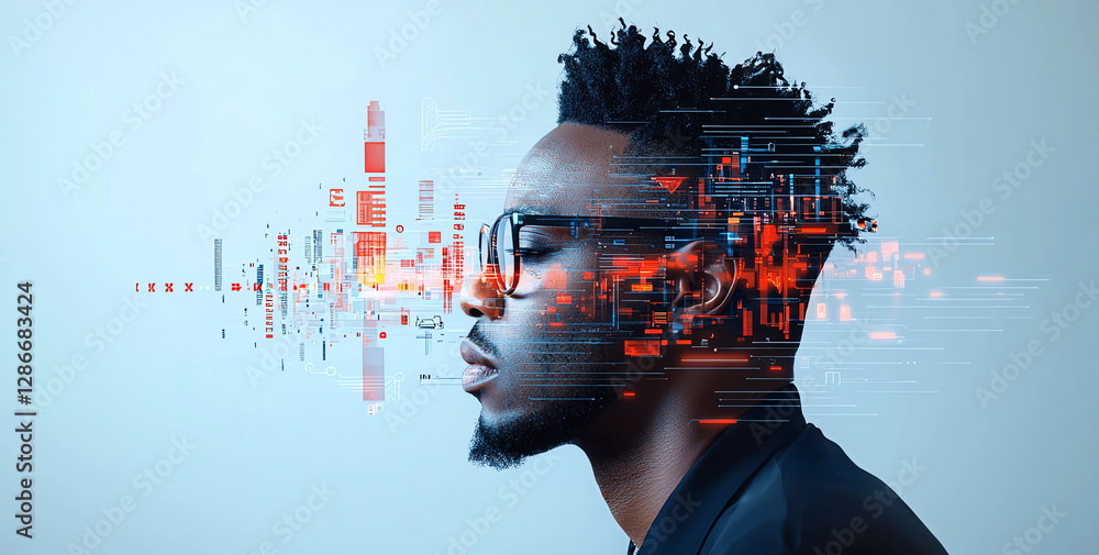 Aufkleber double exposure image of man with glasses, showcasing digital data and technology elements. composit