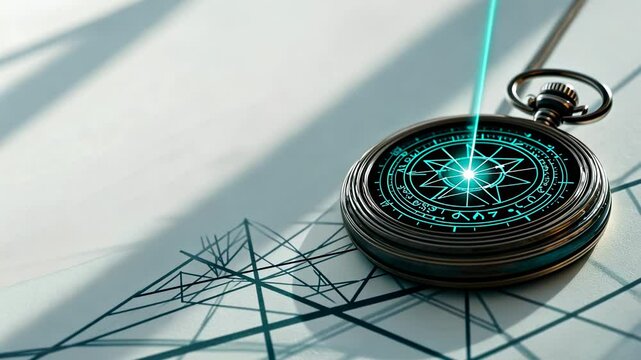 A close-up of a vintage compass with intricate designs, casting shadows on a geometric background