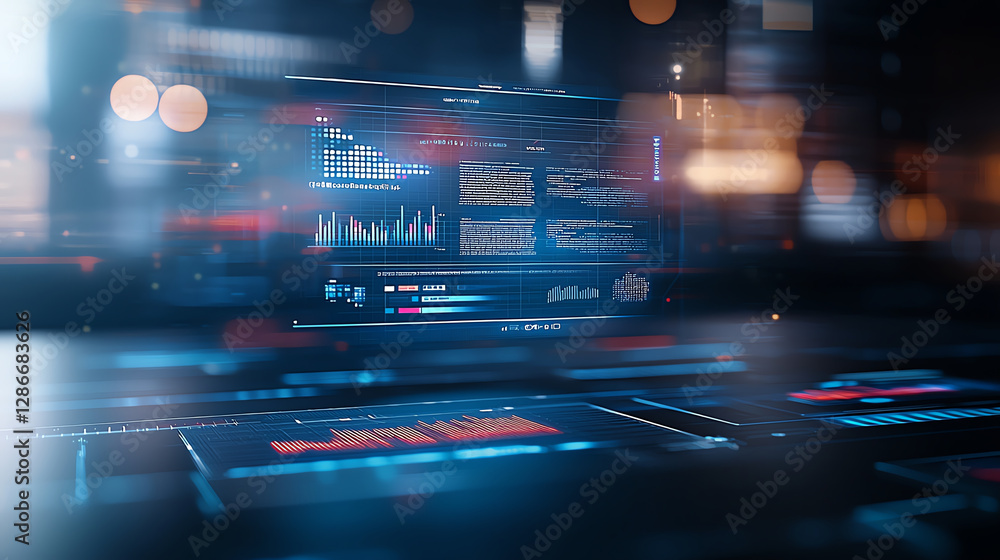 Poster digital hologram of ai interface displays data visualizations and analytics in futuristic environmen