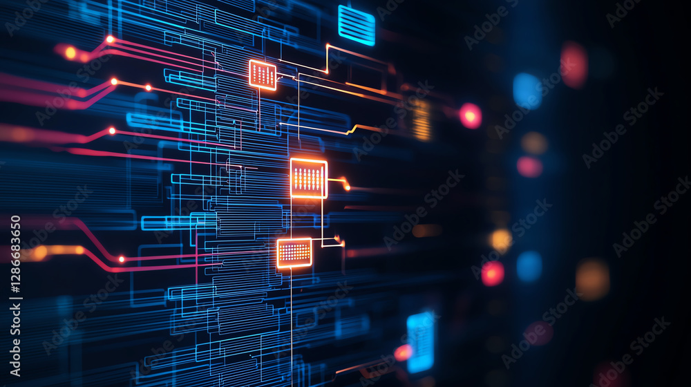 Poster abstract digital background featuring colorful circuit patterns and glowing elements, representing t