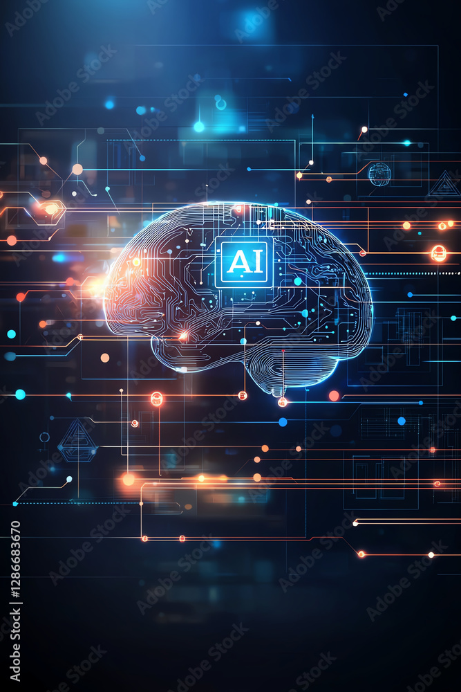 Poster digital brain with ai elements and data connections, showcasing technology and innovation. vibrant c