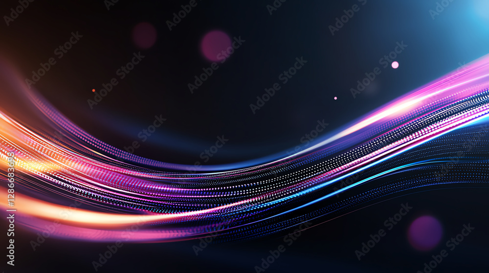 Poster colorful data streams create vibrant digital background with flowing lines and glowing dots, evoking
