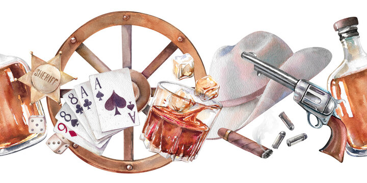 Hand drawn watercolor cowboy accessories whiskey, wheel, cards, revolver and hat seamless border