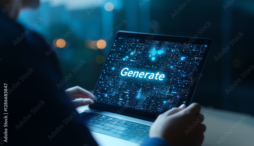 Poster businessman using laptop with digital interface displaying generate text, showcasing technology and 