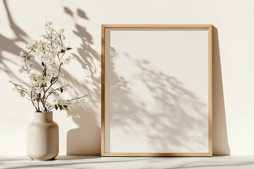 Vase with white flowers near picture frame. Minimalist decor with flower vase and frame on white background. Still life with flowers in vase