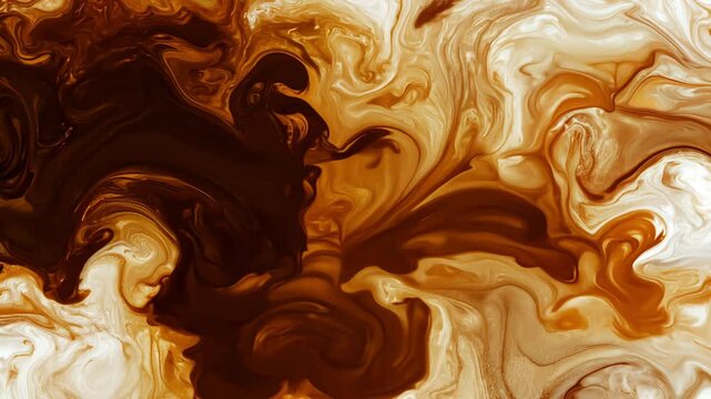 A mesmerizing abstract image of coffee and milk mixing, creating fluid, dynamic swirls in shades of brown, cream, and white.
