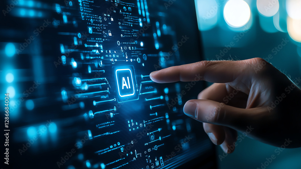 Poster businessman interacting with virtual screen displaying ai technology, showcasing innovation and digi