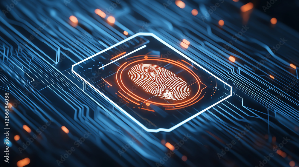 Poster biometric fingerprint scan displayed on digital circuit board, showcasing advanced technology and se