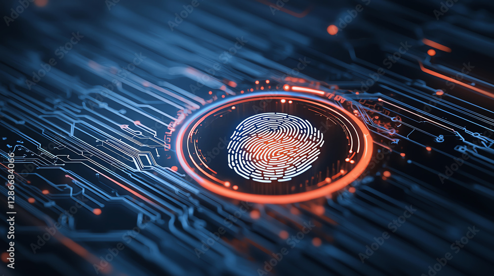 Poster biometric fingerprint scan on electronic circuit board, showcasing advanced technology and security 