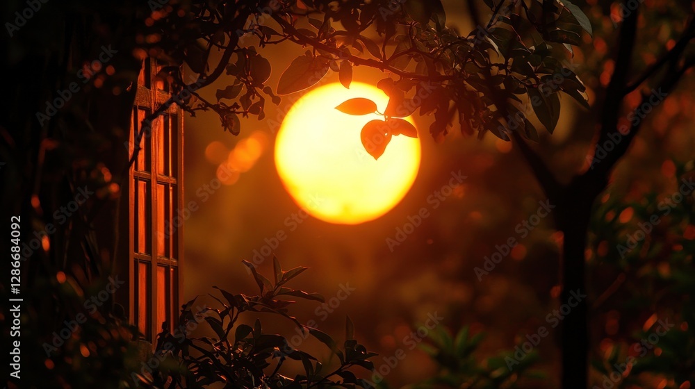 Poster glowing sunset through branches and window creating a warm atmosphere