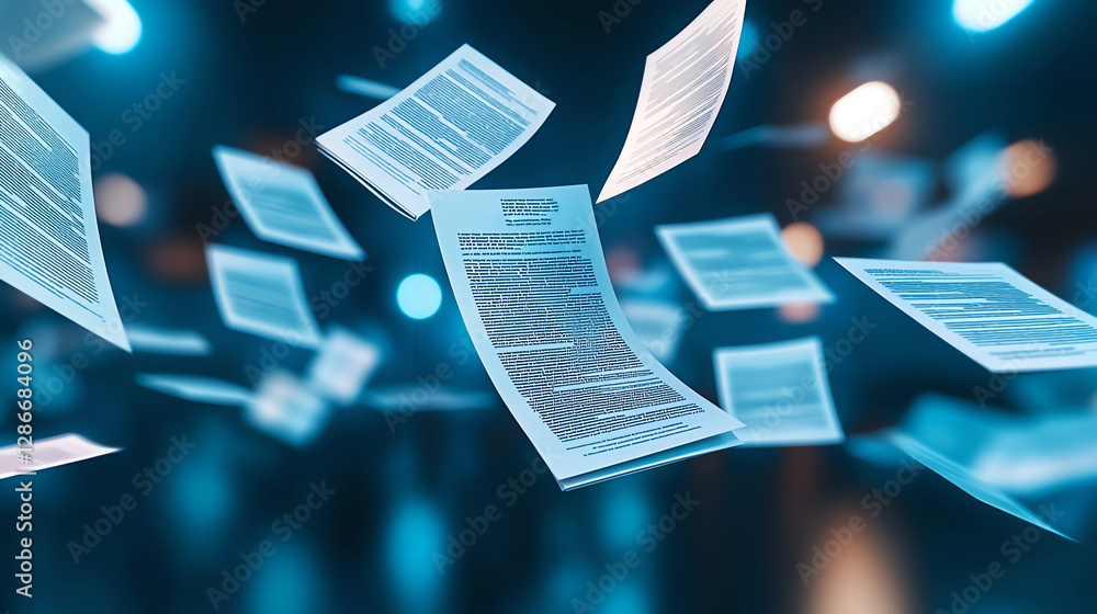 Poster flying documents in digital environment with blue lighting create dynamic scene. papers appear to be