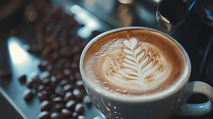 Artful Latte: A close-up shot showcases the artistry of latte art, with a beautifully crafted design gracing the surface of a creamy beverage alongside scattered coffee beans.