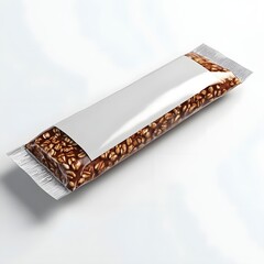 A close-up view of an unbranded energy bar wrapped in foil, showcasing its natural ingredients and texture