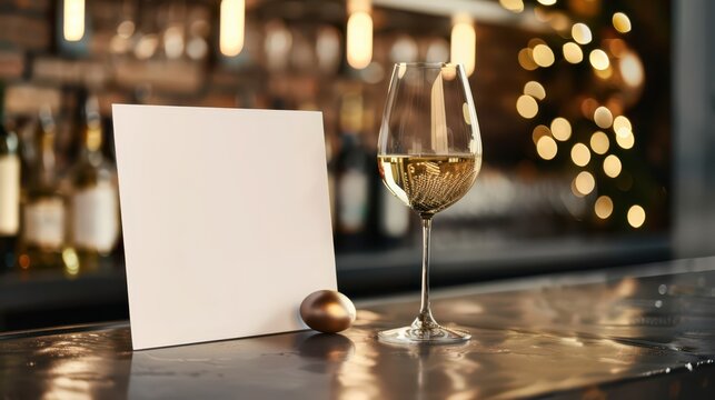 Easter bar or restaurant concept with blank card and wine glass for festive design. Copy space. Free space for text