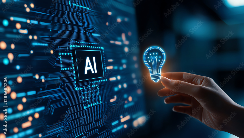 Poster hand touching glowing light bulb symbolizing artificial intelligence innovation and technology. back