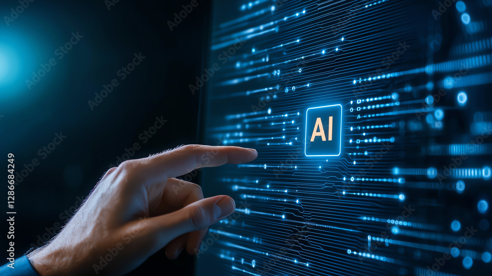 Poster hand touching glowing ai symbol on digital interface, representing technology and innovation. image 
