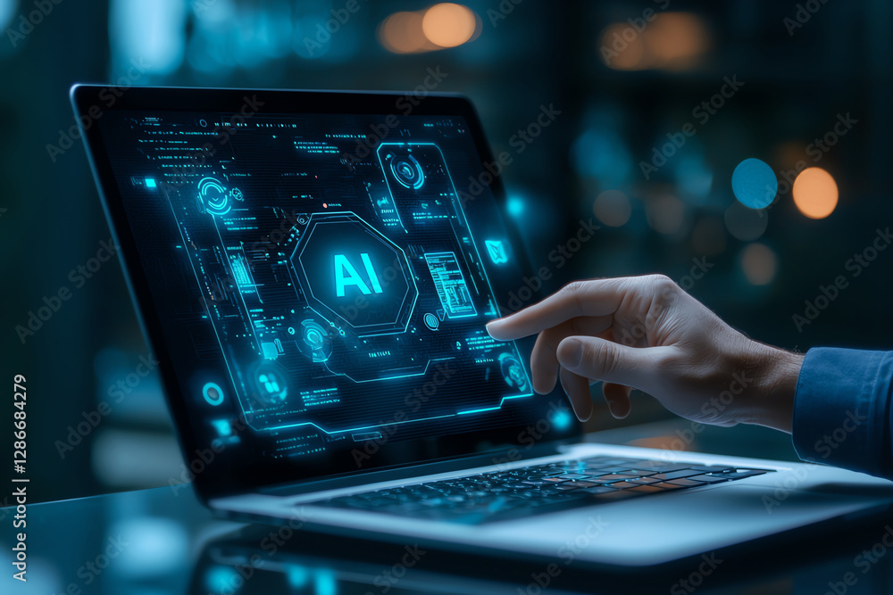 Poster hand interacting with ai interface on laptop screen, showcasing technology and innovation in modern 