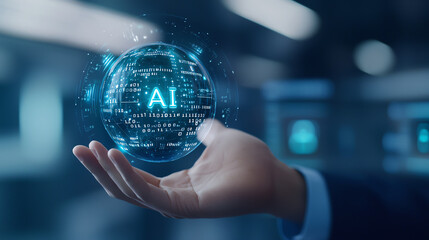 Fototapeta premium Hand holding glowing sphere with AI data, representing technology and innovation. digital elements convey sense of advanced artificial intelligence and connectivity