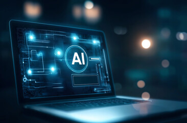AI technology displayed on laptop screen with glowing circuits and modern design, showcasing innovation and digital advancement
