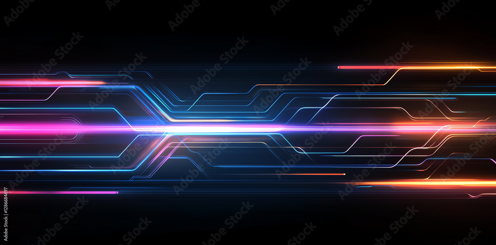 Poster abstract neon glowing lines on cyber futuristic background, showcasing vibrant colors and dynamic pa