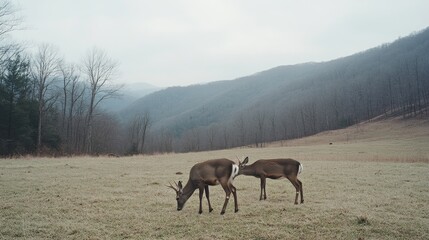 Fototapeta premium Deer Grazing in Mountain Meadow on Misty Morning with Scenic View