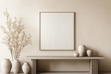 Decorative vases and pampas grass in minimalist interior. Modern home decor with vases on console table near blank frame. Interior design with decorative vases and dry plants