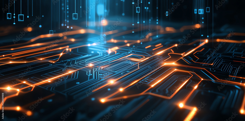 Poster futuristic digital circuit board with glowing lines and nodes, showcasing advanced technology and in