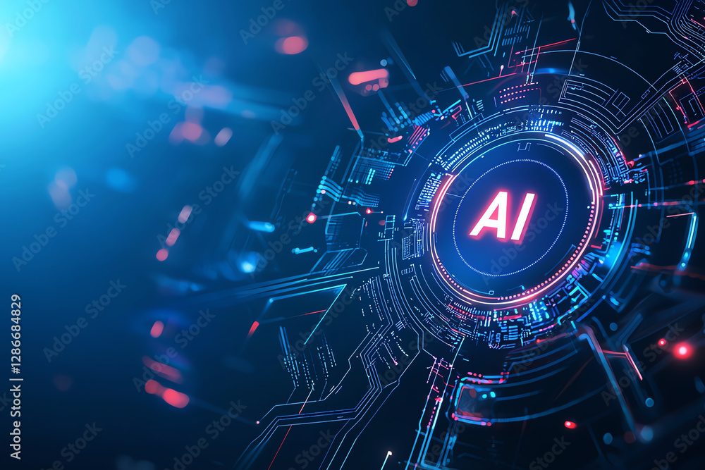 Poster futuristic digital technology background featuring ai circuitry and neon lights. vibrant colors and 
