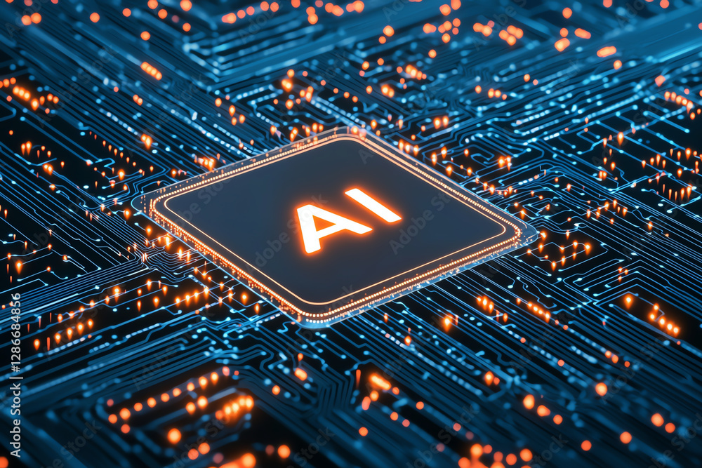 Aufkleber futuristic digital technology background featuring ai chip on circuit board, illuminated with vibran