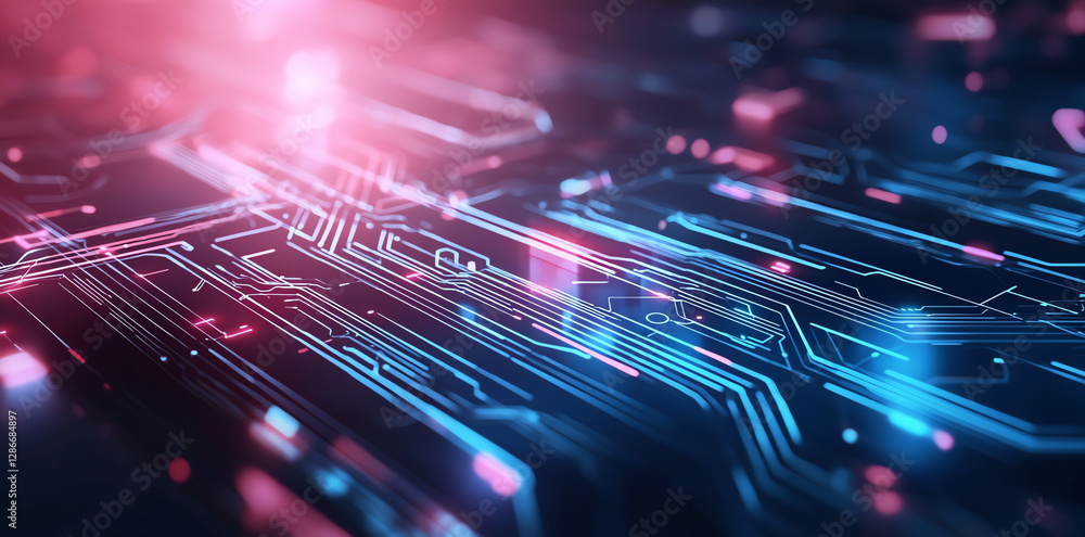 Poster futuristic digital circuit board with neon glowing lines and patterns, creating abstract technology 