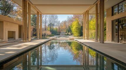 Serene Water Reflection in Modern Architecture with Bamboo Columns and Garden