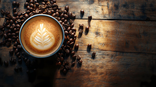 Artistic Coffee Delight: A close-up shot captures the rich, dark allure of a beautifully designed latte art amidst scattered roasted coffee beans on a weathered wooden surface.