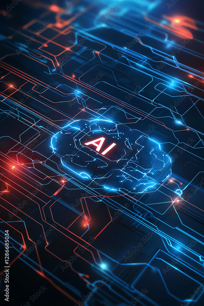 Poster futuristic digital brain with ai icon, glowing circuits and neon lights, representing advanced techn