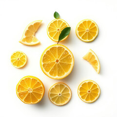 Whole lemon cut into various geometric shapes on a white background, colorful, fresh, fruit, citrus, yellow
