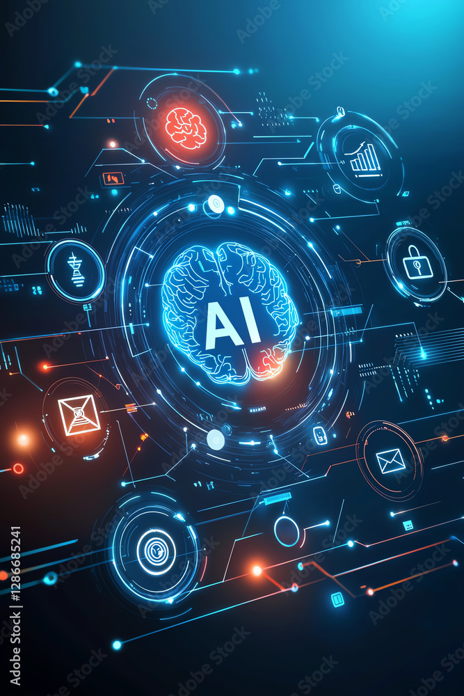 Poster digital brain with ai icons and data visualization elements, showcasing technology and innovation ar