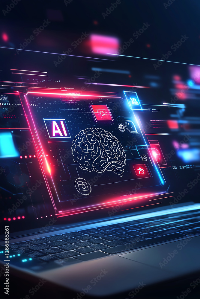 Poster digital brain illustration with ai icons and data visualization on laptop screen, showcasing advance