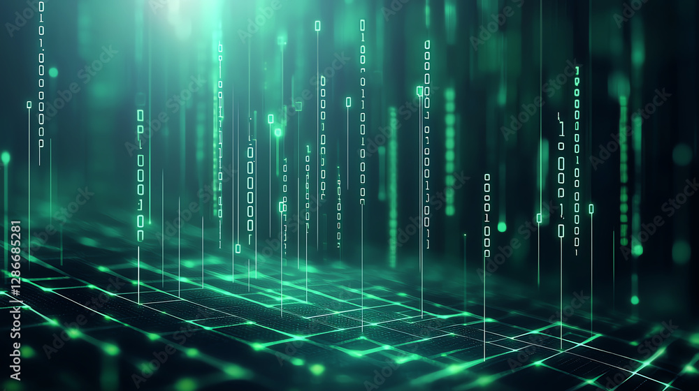 Poster digital abstract background with glowing green binary code and grid