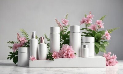 Fototapeta premium White podium with pink flowers and green leaves, displaying various cosmetic package containers, promotion, floral
