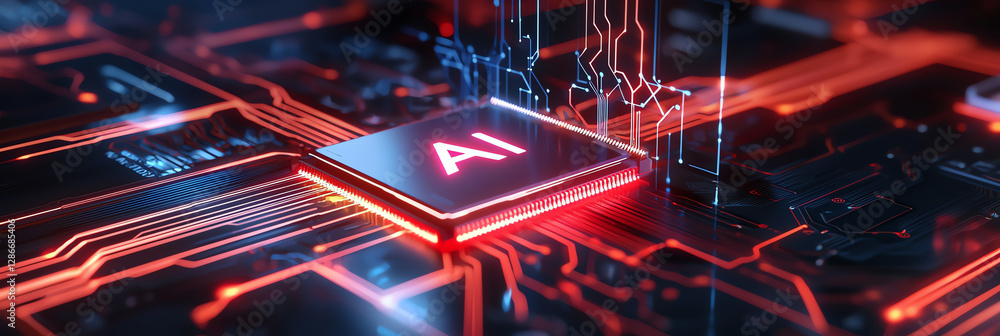 Poster abstract digital background featuring computer chip with ai technology, illuminated by vibrant red a