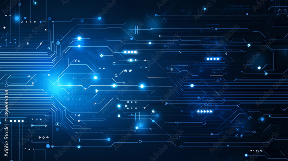 Aufkleber abstract blue circuit board background with glowing lines and lights, representing technology and di